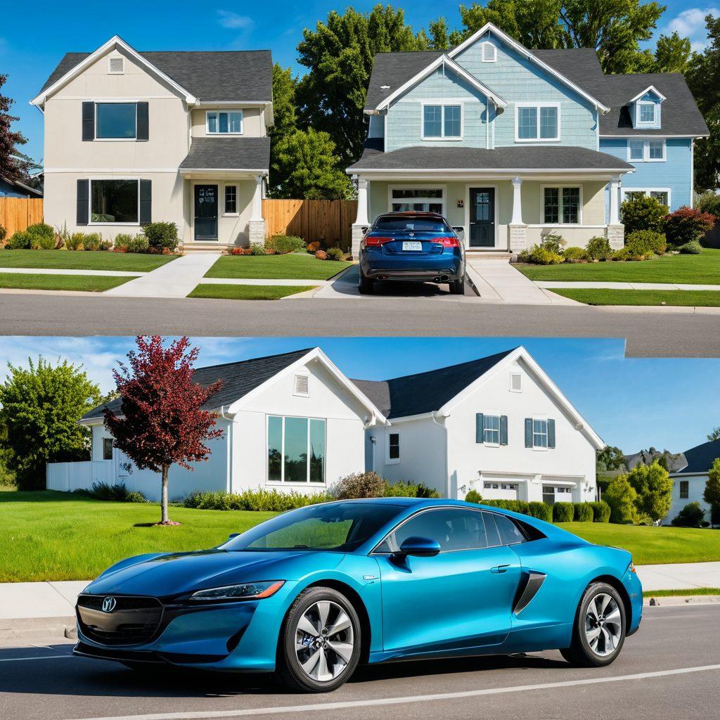 A split image depicting various insurance types: on one side, a sleek car on an open road symbolizing auto insurance; on the other, a cozy house with a lush garden illustrating home insurance. In the center, overlapping icons of medical, life, and renters insurance create a seamless blend. The background features a soft gradient that transitions from blue to green, representing trust and security. super-realistic. vibrant colors. white background.