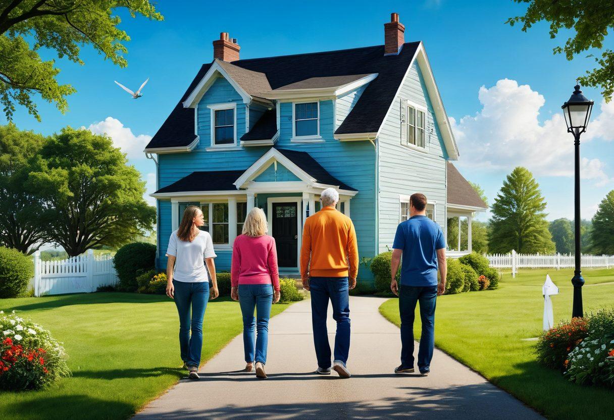 A family standing at a crossroads, each member representing different life stages: a child, a young adult, a middle-aged person, and a senior. They are surrounded by symbols of various types of insurance, like a shield and a house, showcasing the concept of protection. The background features a serene landscape, indicating stability and security in life choices. The image should evoke a sense of reassurance and accessibility. vibrant colors. super-realistic.