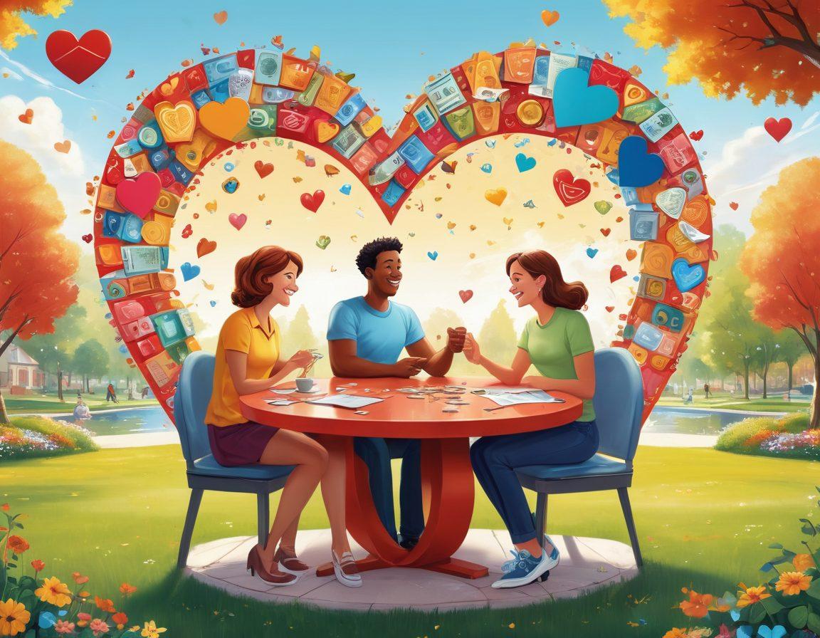 A whimsical illustration of a couple joyfully comparing different insurance policies on a giant heart-shaped table, surrounded by floating icons representing love, coverage, and financial protection like hearts, shields, and coins. The background features a bright and sunny park setting, symbolizing peace of mind and security. The couple is smiling and engaged, showcasing connection and teamwork. vibrant colors. playful cartoon style.